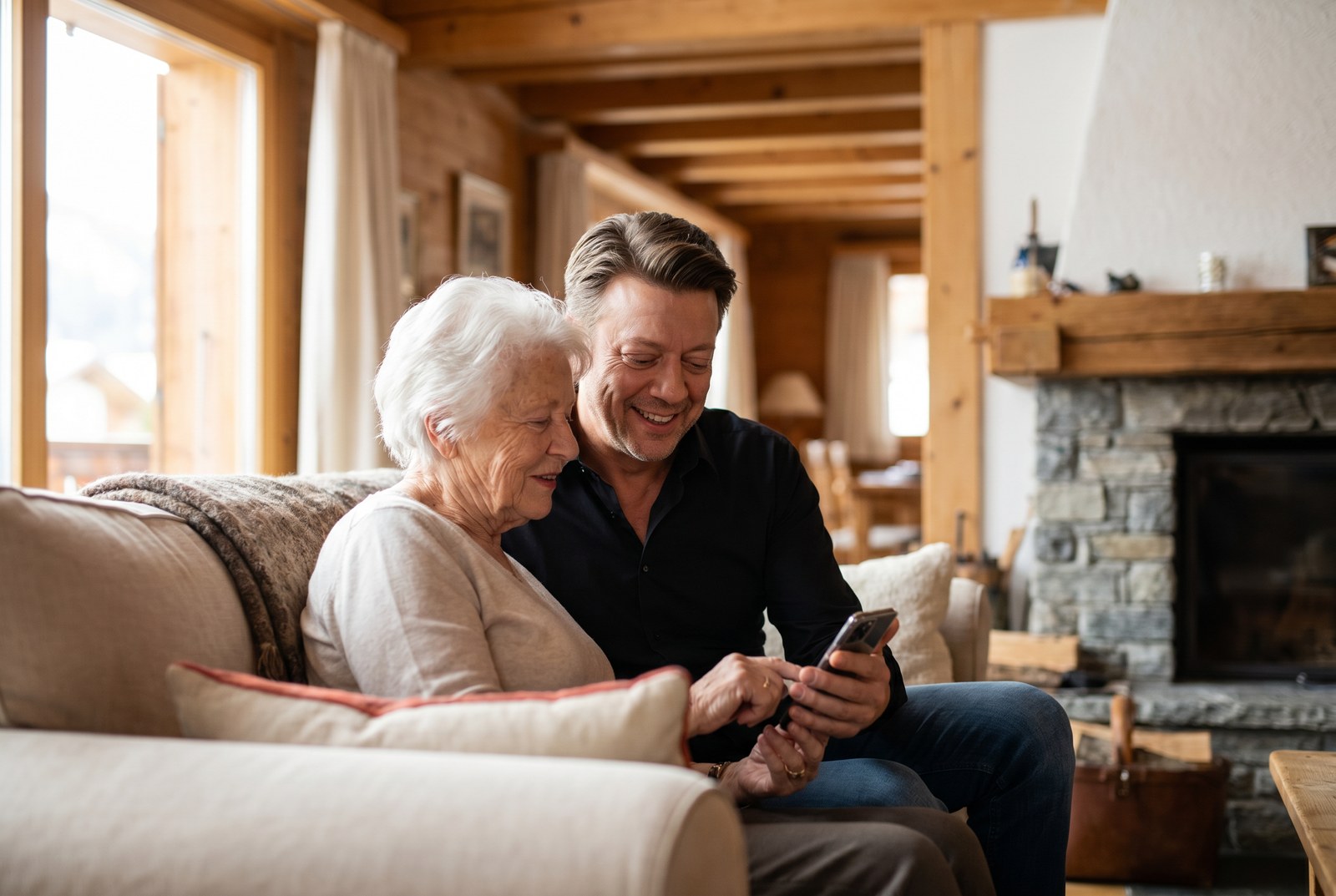 Luigi, formateur ClicSenior, avec une cliente, moment complice au salon